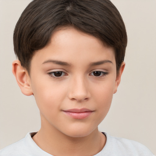 Joyful white child female with short  brown hair and brown eyes