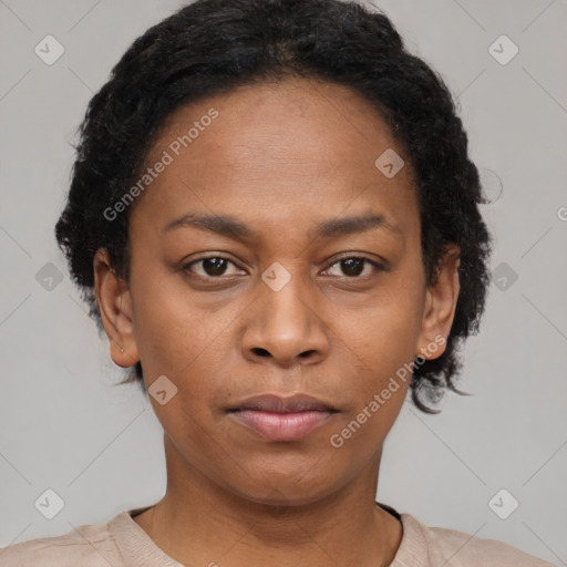 Neutral black young-adult female with short  black hair and brown eyes