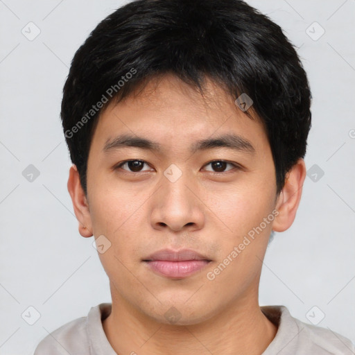 Neutral asian young-adult male with short  brown hair and brown eyes