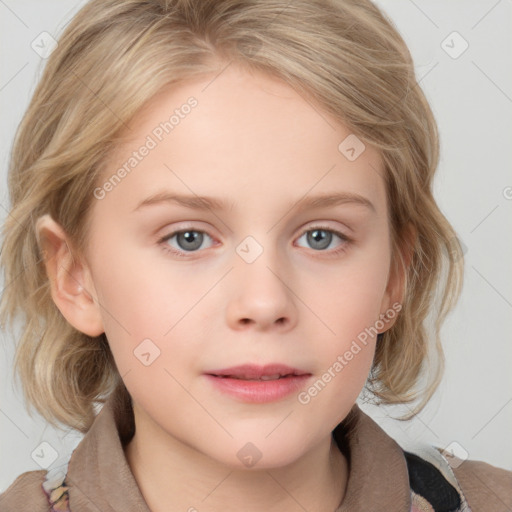 Neutral white child female with medium  brown hair and blue eyes