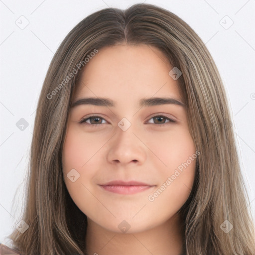 Neutral white young-adult female with long  brown hair and brown eyes