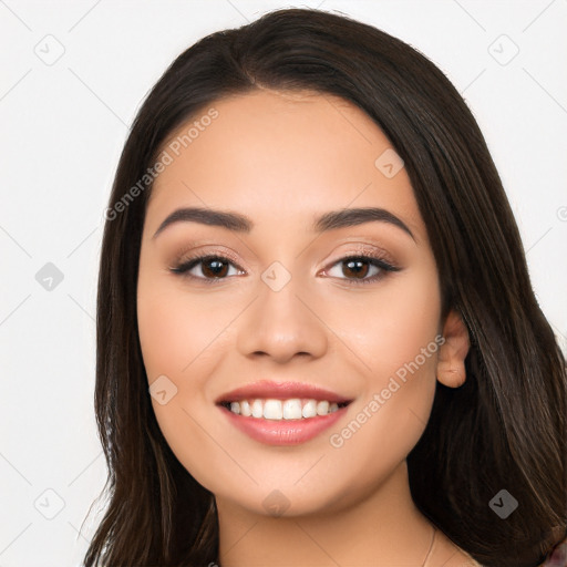 Joyful white young-adult female with long  black hair and brown eyes