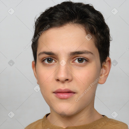 Neutral white young-adult female with short  brown hair and brown eyes