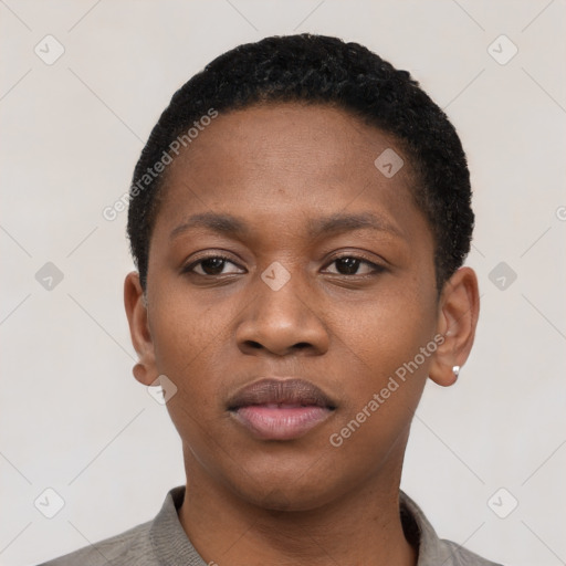 Neutral black young-adult female with short  black hair and brown eyes