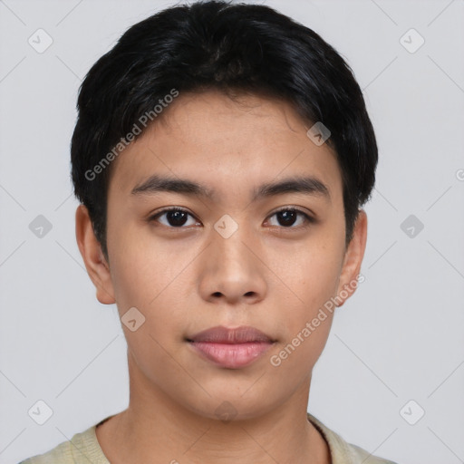 Neutral asian young-adult male with short  black hair and brown eyes