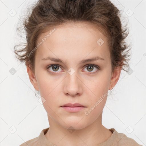 Neutral white young-adult female with short  brown hair and grey eyes