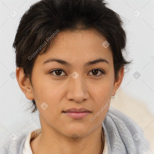 Joyful latino young-adult female with short  brown hair and brown eyes