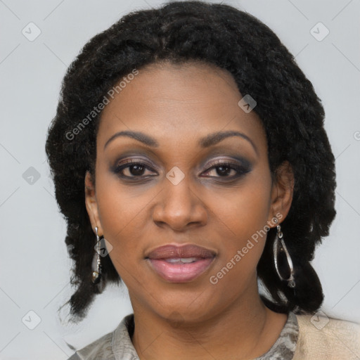 Joyful black young-adult female with medium  black hair and brown eyes