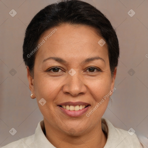 Joyful white adult female with short  brown hair and brown eyes