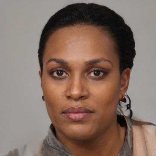 Neutral black young-adult female with short  black hair and brown eyes