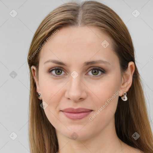 Joyful white young-adult female with long  brown hair and grey eyes