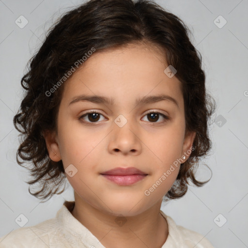 Joyful white child female with medium  brown hair and brown eyes