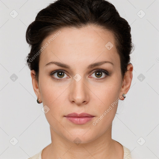 Neutral white young-adult female with short  brown hair and brown eyes