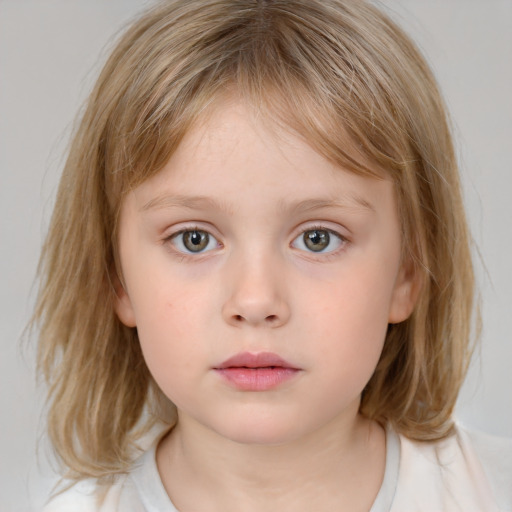 Neutral white child female with medium  brown hair and grey eyes