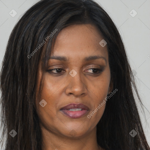 Joyful asian young-adult female with long  brown hair and brown eyes