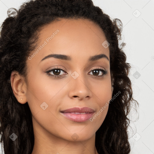 Joyful latino young-adult female with long  brown hair and brown eyes