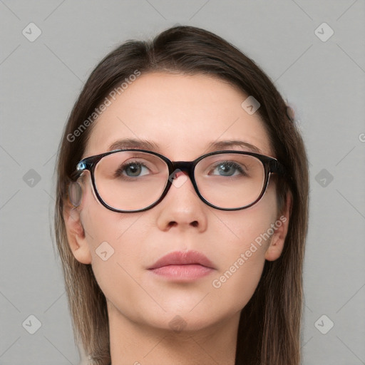 Neutral white young-adult female with long  brown hair and brown eyes