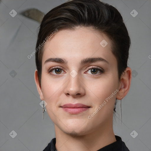 Joyful white young-adult female with medium  brown hair and brown eyes