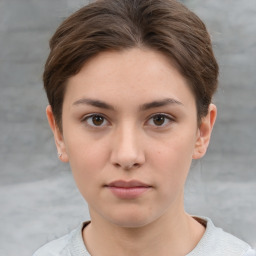 Neutral white young-adult female with short  brown hair and brown eyes