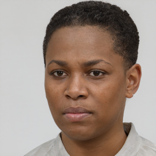 Neutral black young-adult female with short  brown hair and brown eyes