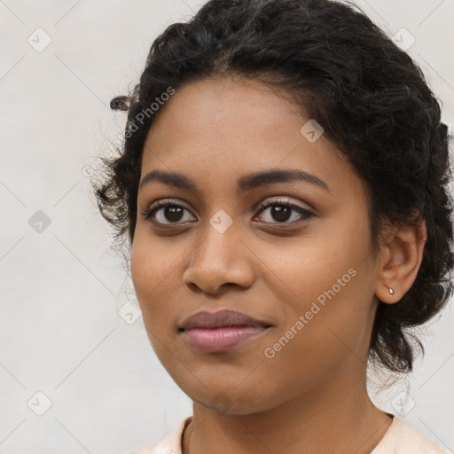 Joyful latino young-adult female with medium  brown hair and brown eyes