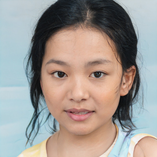 Joyful asian child female with medium  brown hair and brown eyes