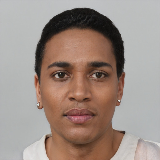 Neutral black young-adult male with short  black hair and brown eyes