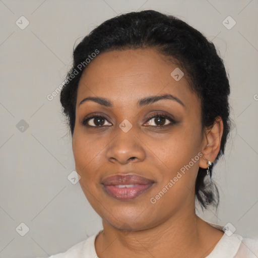 Joyful black young-adult female with medium  black hair and brown eyes