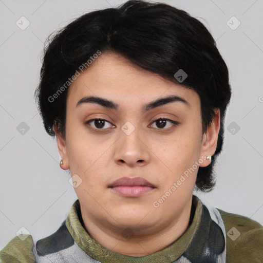 Neutral asian young-adult female with short  black hair and brown eyes