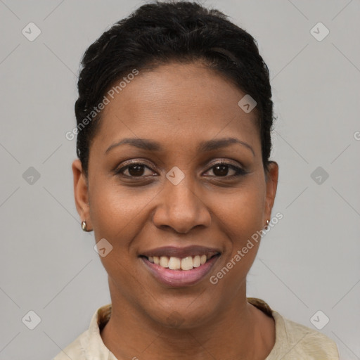 Joyful latino young-adult female with short  black hair and brown eyes