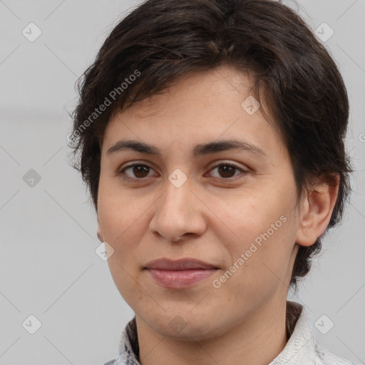 Joyful white young-adult female with medium  brown hair and brown eyes