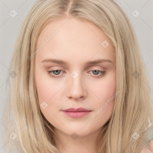 Neutral white young-adult female with long  brown hair and brown eyes