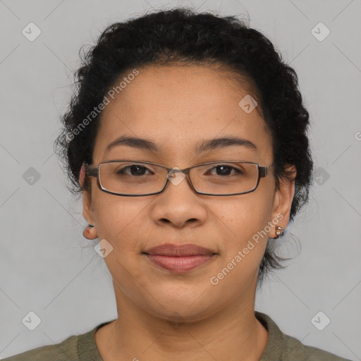 Joyful asian adult female with short  brown hair and brown eyes