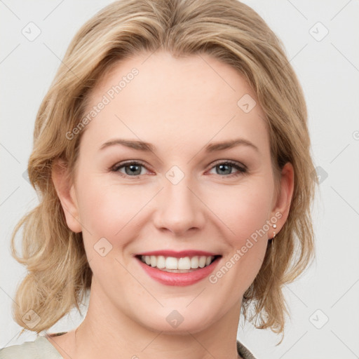 Joyful white young-adult female with medium  brown hair and blue eyes