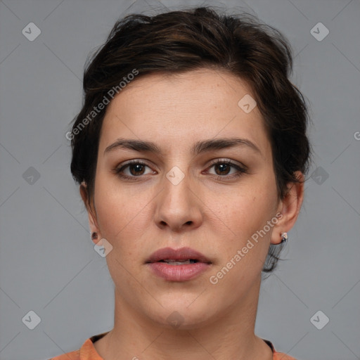 Neutral white young-adult female with medium  brown hair and brown eyes