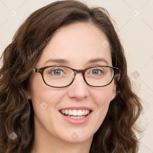 Joyful white young-adult female with long  brown hair and green eyes