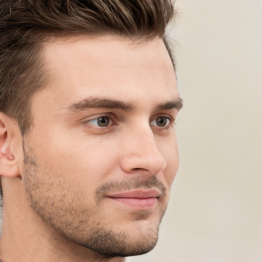 Neutral white young-adult male with short  brown hair and grey eyes