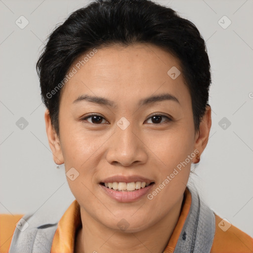 Joyful latino young-adult female with short  brown hair and brown eyes