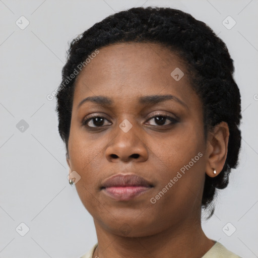 Neutral black young-adult female with short  black hair and brown eyes