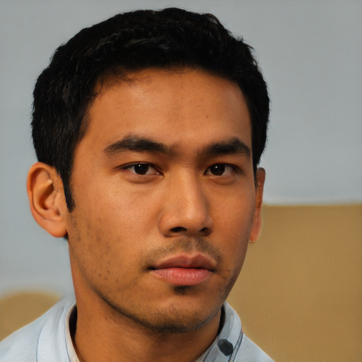 Neutral asian young-adult male with short  black hair and brown eyes