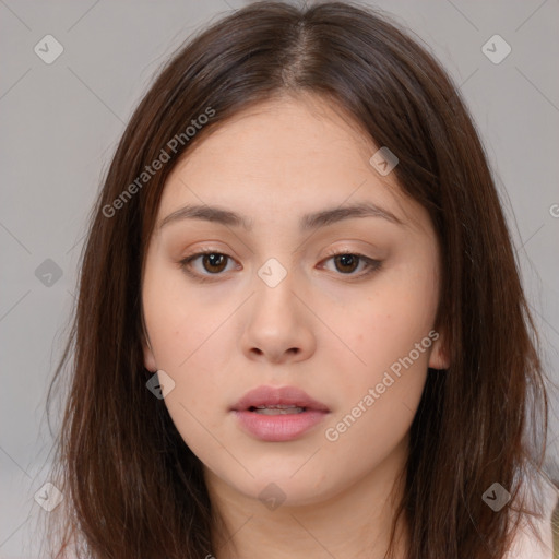 Neutral white young-adult female with medium  brown hair and brown eyes