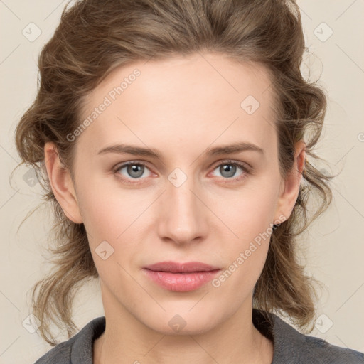 Neutral white young-adult female with medium  brown hair and grey eyes