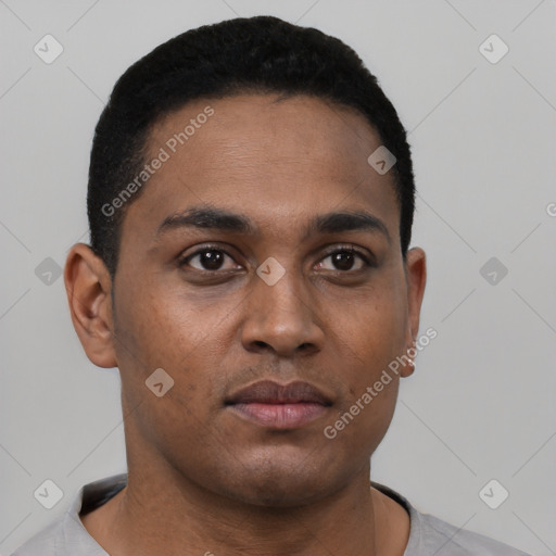 Neutral black young-adult male with short  black hair and brown eyes