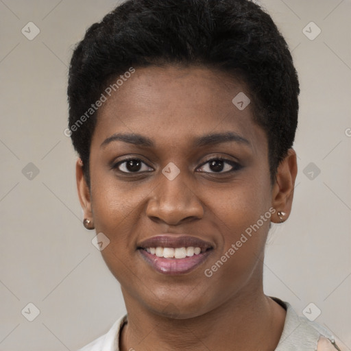 Joyful black young-adult female with short  black hair and brown eyes