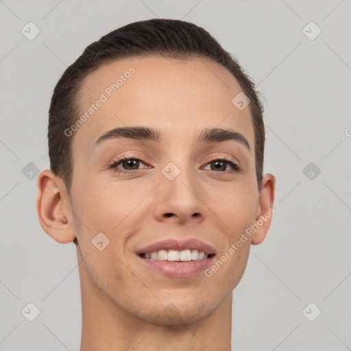 Joyful white young-adult male with short  brown hair and brown eyes