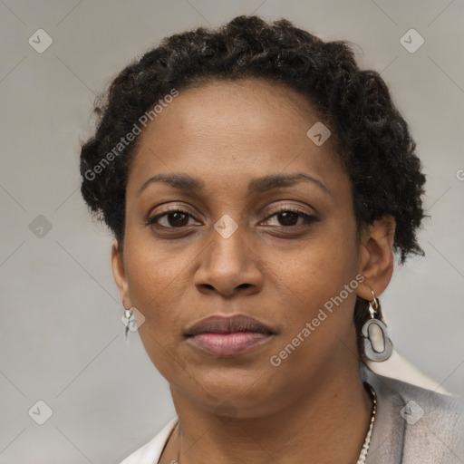 Joyful black adult female with short  brown hair and brown eyes