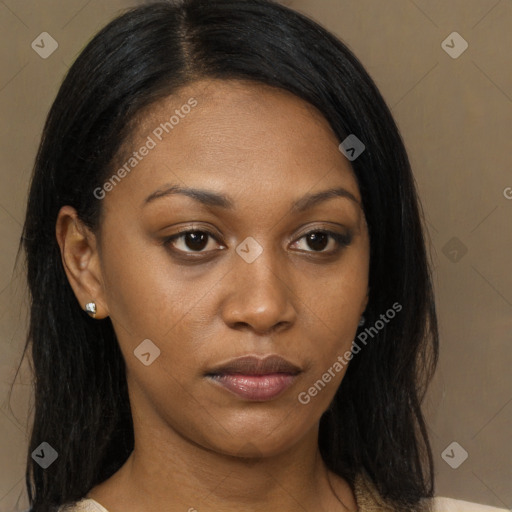 Neutral black young-adult female with long  brown hair and brown eyes