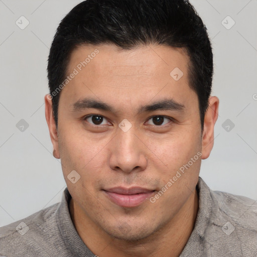 Neutral latino young-adult male with short  brown hair and brown eyes