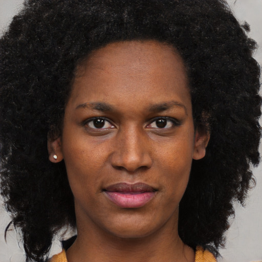 Joyful black young-adult female with long  black hair and brown eyes