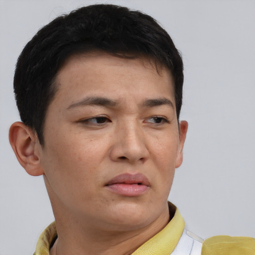 Neutral asian young-adult male with short  brown hair and brown eyes